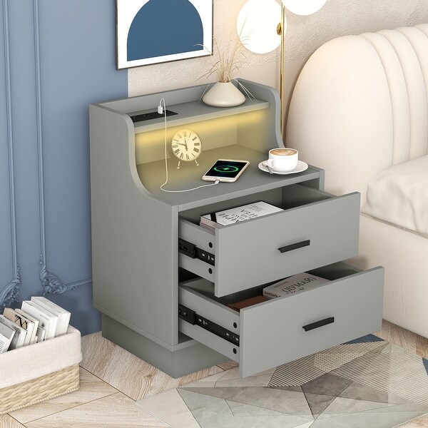 Multifunctional Nightstand with 2 Drawers, Shelf with USB Charging Des