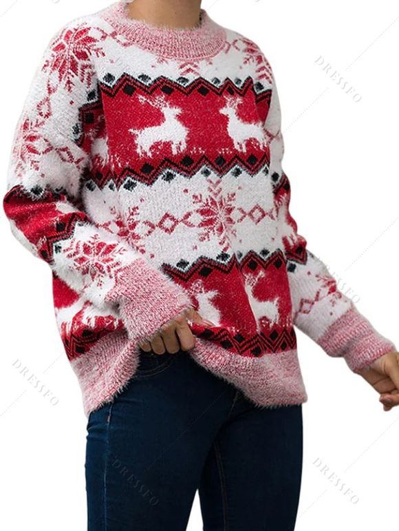 Christmas Snowflake Elk Graphic Contrast Color Drop Shoulder Sweater