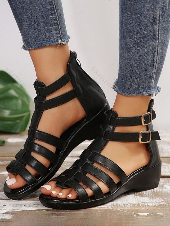 Anti-Slip Soft Bottom And Soft Surface Wedge Sandals Peep Toe Roman Style Flat Sandals