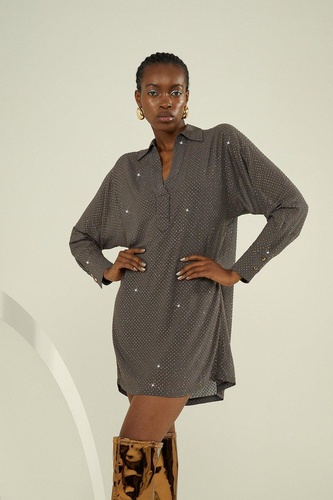 Petite Embellished Plunge Woven Mini Dress