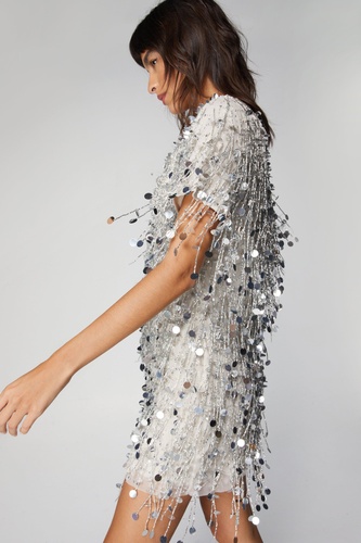 Silver Disc Tassel Beaded Shift Dress