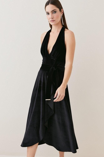 Slinky Velvet Waterfall Belted Midi Dress