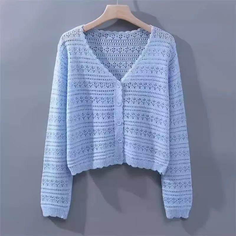 Button Light Blue Split Neck Long Sleeve Sweater