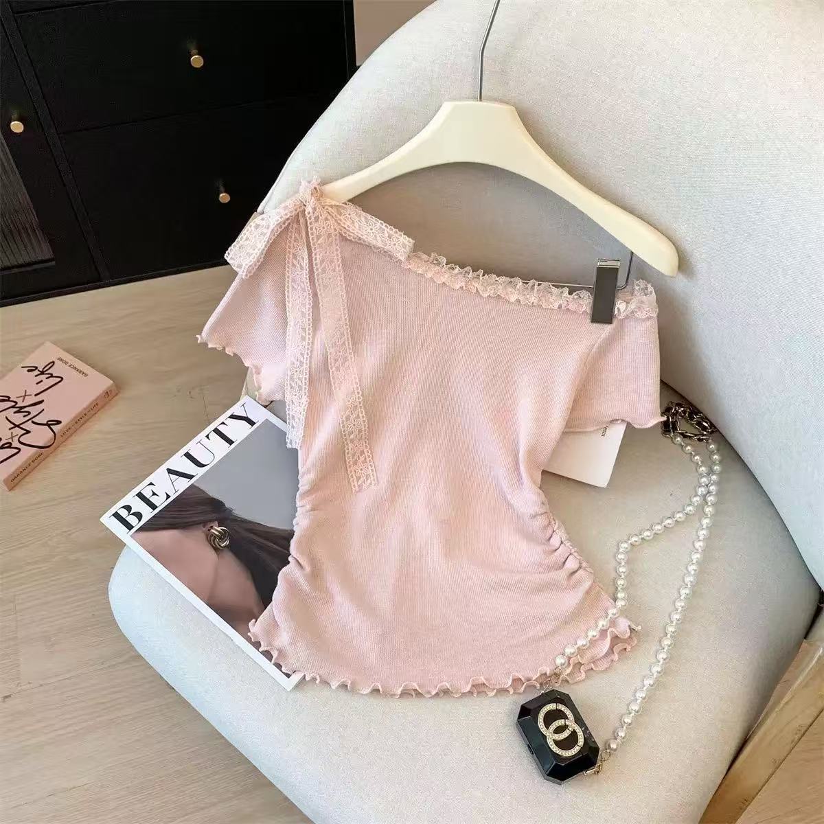 Lace Light Pink Asymmetrical Neck Long Sleeve Blouse