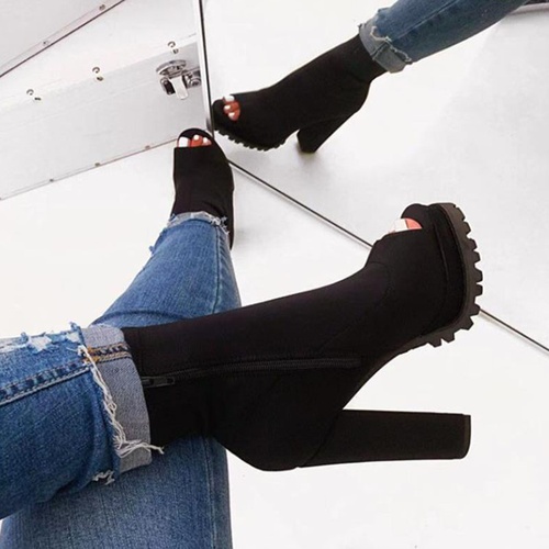 Side Zipper Chunky Heel Peep Toe Thread Boots