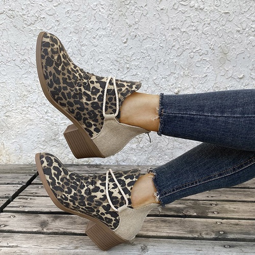 Round Toe Chunky Heel Back Zip Leopard Western Boots