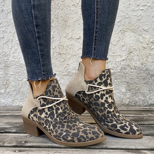 Round Toe Chunky Heel Back Zip Leopard Western Boots