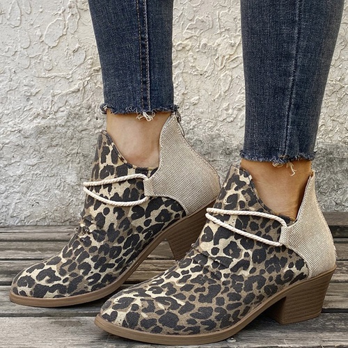 Round Toe Chunky Heel Back Zip Leopard Western Boots