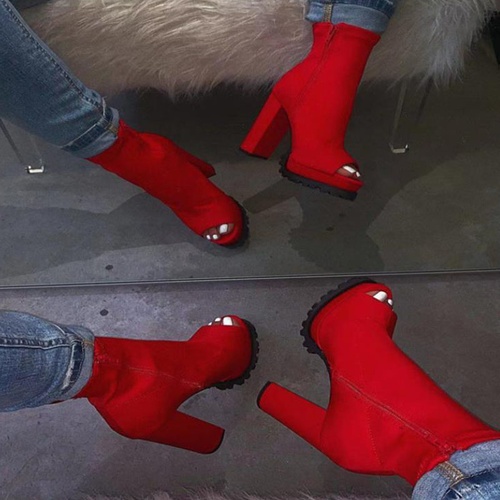 Side Zipper Chunky Heel Peep Toe Thread Boots