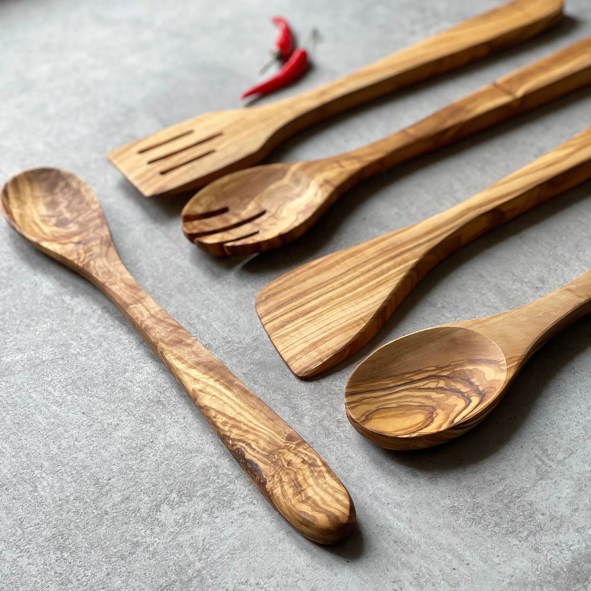Traditional Olive Wood 5 Piece Kitchen Utensil Set