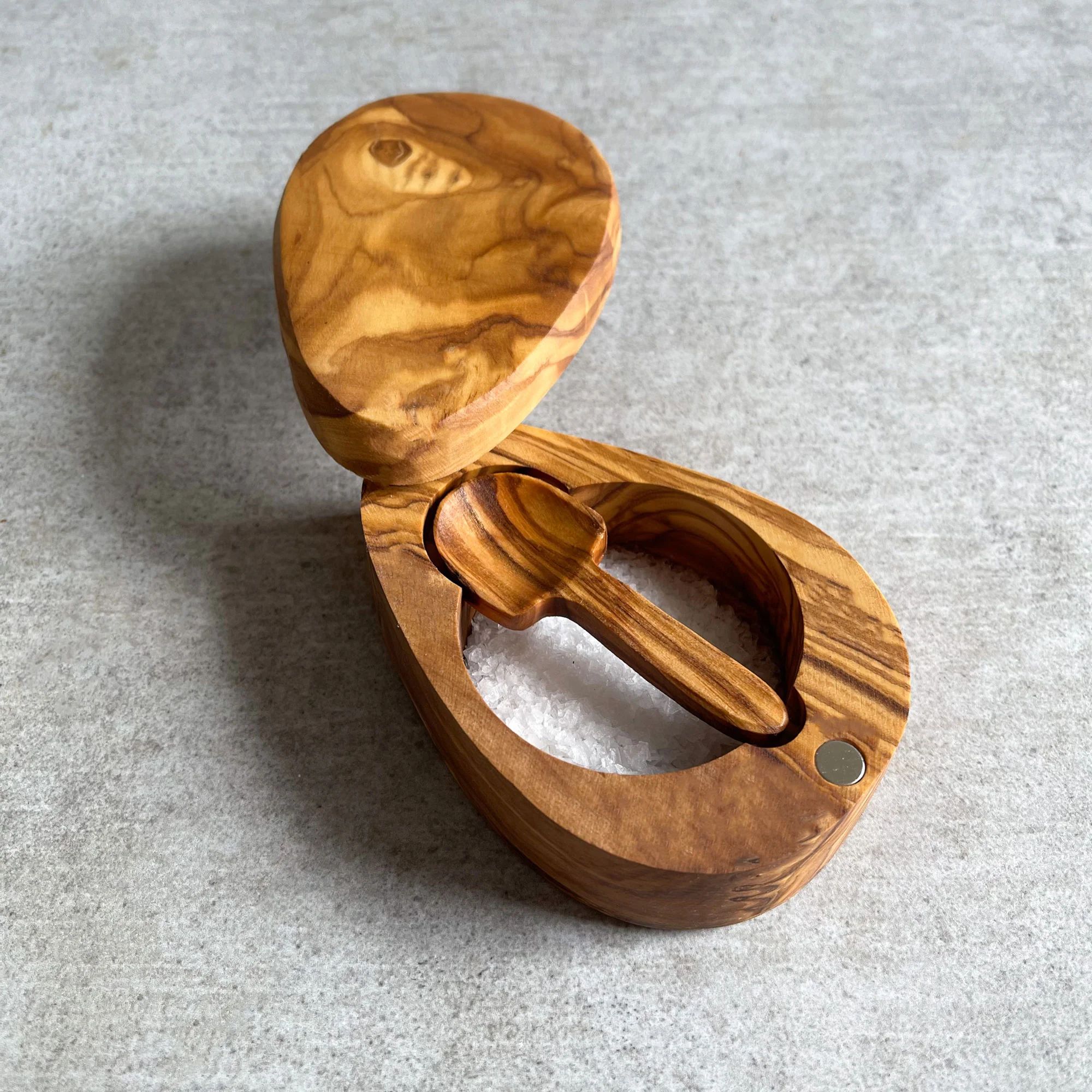 Handcrafted Olive Wood Salt Pot with Integrated Spoon