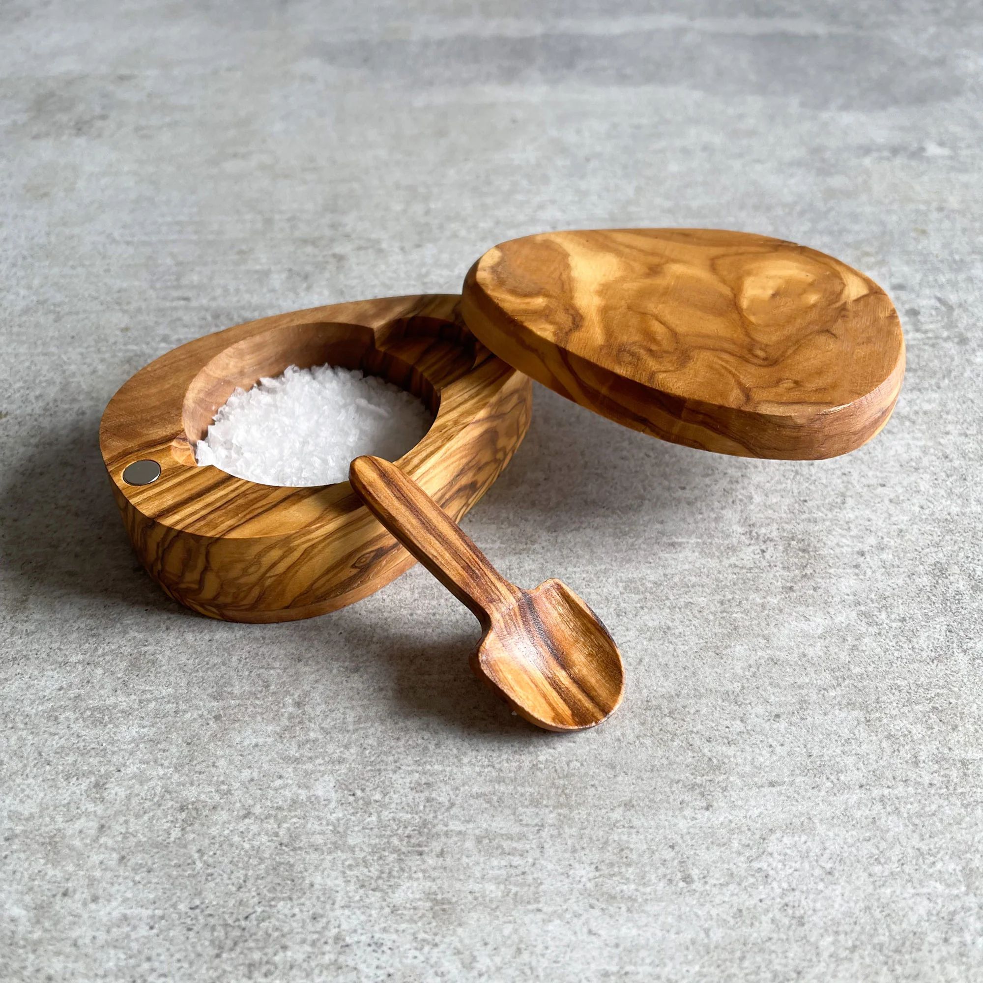 Handcrafted Olive Wood Salt Pot with Integrated Spoon