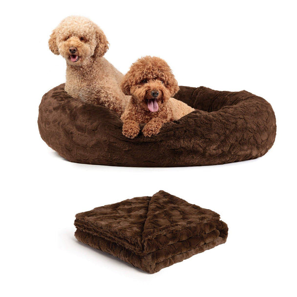 Calming Donut Dog Bed in Lux Fur + Soft Throw Blanket Bundle