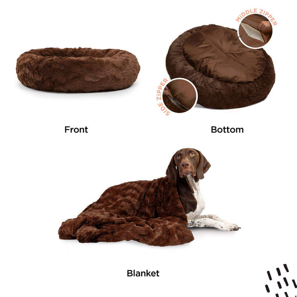 Calming Donut Dog Bed in Lux Fur + Soft Throw Blanket Bundle