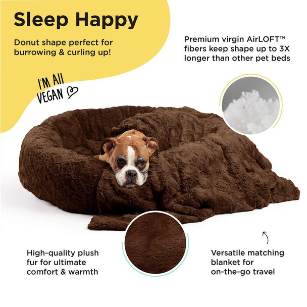 Calming Donut Dog Bed in Lux Fur + Soft Throw Blanket Bundle