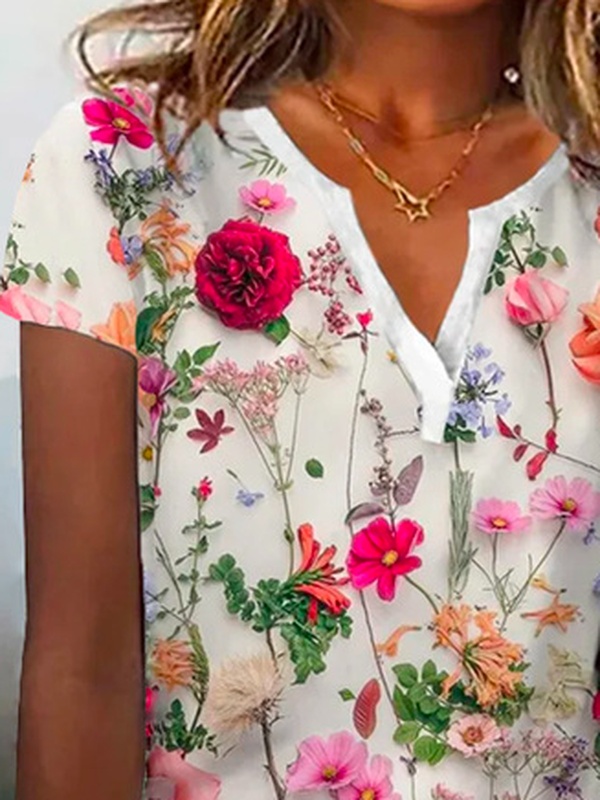 Loose V Neck Casual Floral Shirt