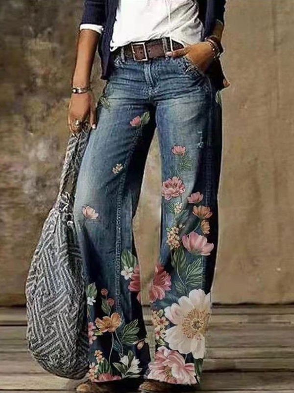 Wide Leg Pants Straight Fit Casual Vintage Floral Print Jeans