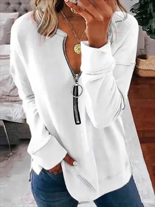 Long Sleeve V Neck Casual Solid Tunic Sweatshirt