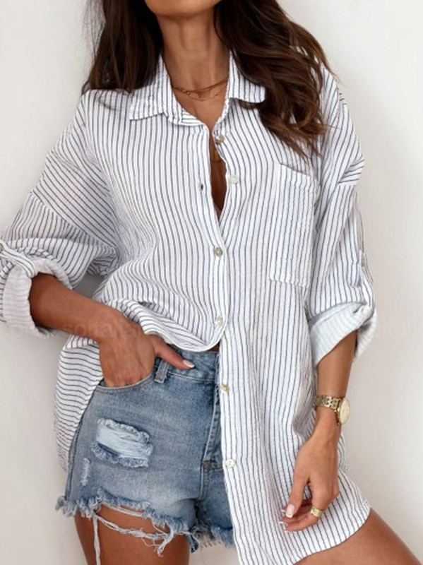 Striped Shirt Collar Casual Loose Blouse