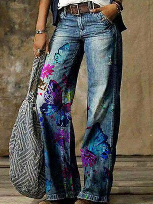 Casual Loose Butterfly Print Jeans