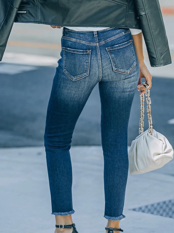 Casual Solid Color Ripped Jeans