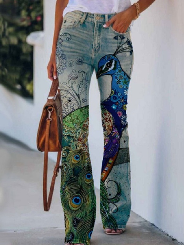 Slouchy Floral Print Flare Jeans