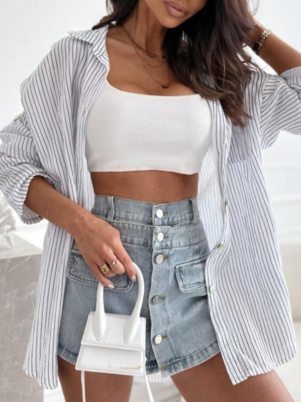 Striped Shirt Collar Casual Loose Blouse