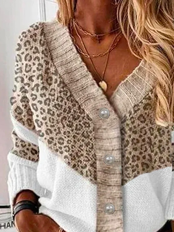 Leopard Cotton Blend Loose V Neck Sweater