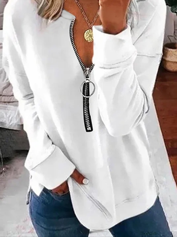 Long Sleeve V Neck Casual Solid Tunic Sweatshirt