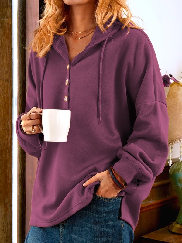 Casual Hoodie Long Sleeve Buttoned Tunic Sweatshirt