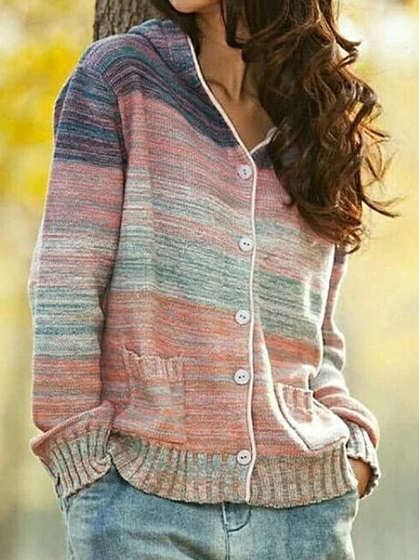 Women Striped Vintage Autumn Long sleeve Hooded Cotton Blend Tunic