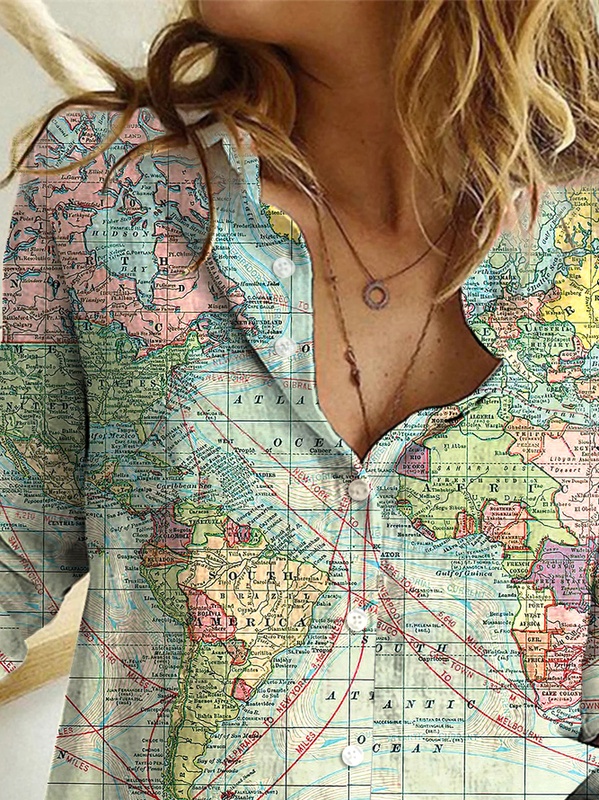 Women Casual Map Printed Collar Long Sleeve Blouse