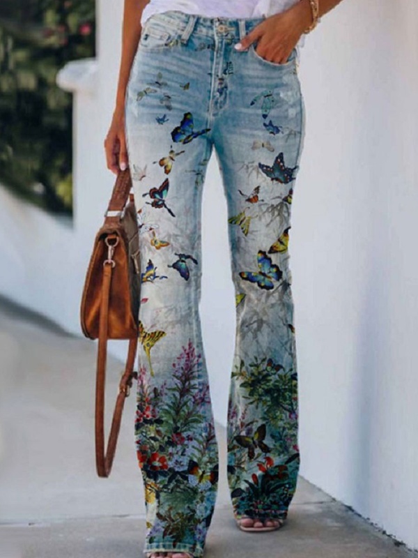 Slouchy Floral Print Flare Jeans