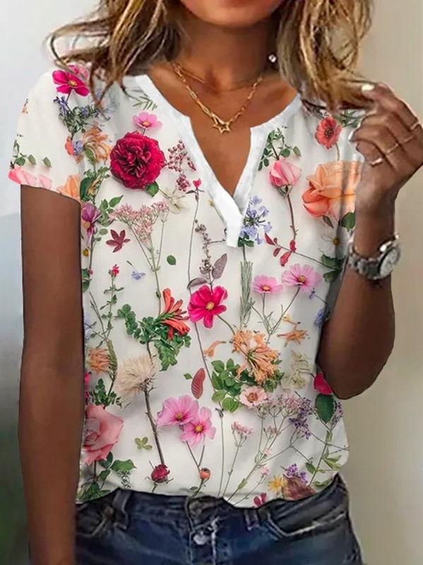 Loose V Neck Casual Floral Shirt