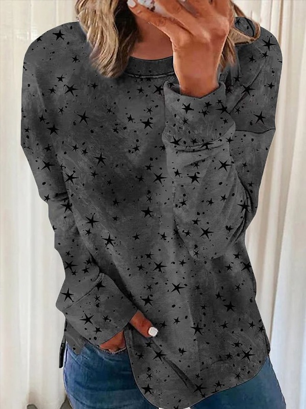 Casual Crew Neck Star Long Sleeve Tunic Sweatshirt