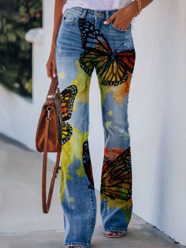 Slouchy Floral Print Flare Jeans