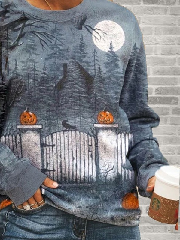 Halloween Light Blue Crew Neck Printed Outdoor Sweatshirt