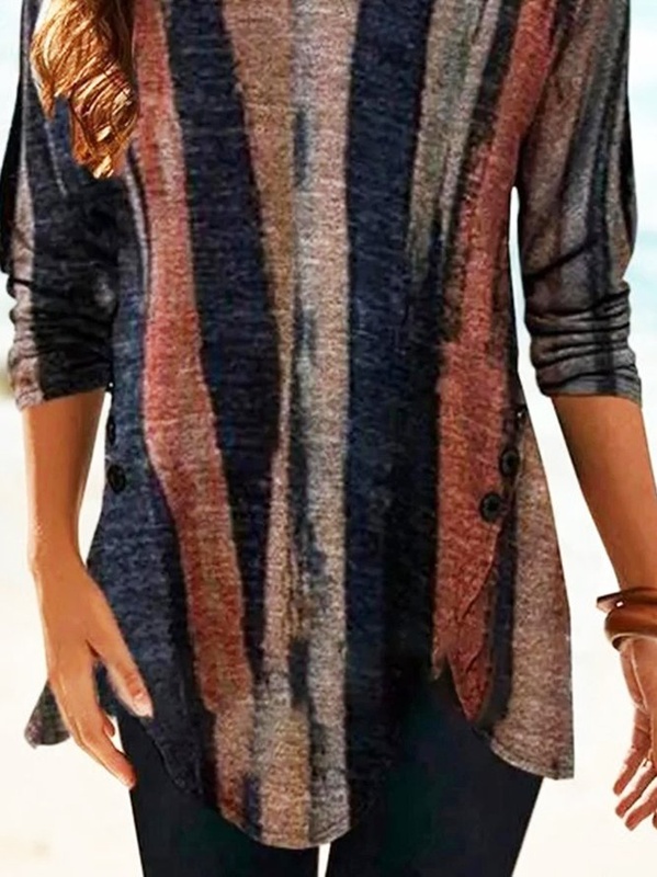 Brown Stripes Printed Casual Long Sleeve Shift Tunic Top