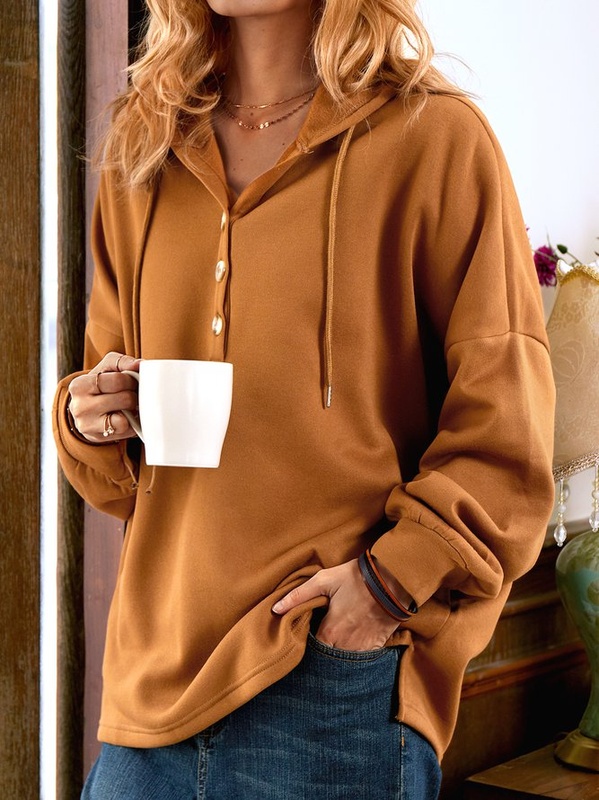 Casual Hoodie Long Sleeve Buttoned Tunic Sweatshirt