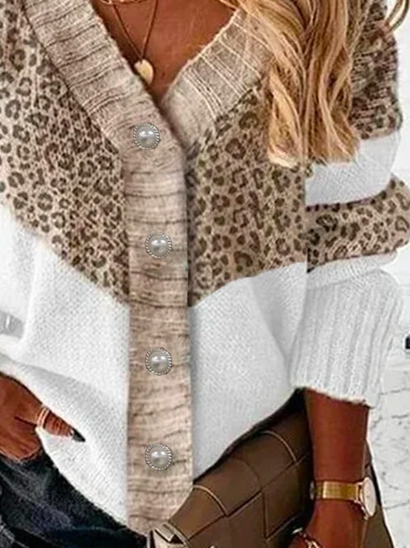 Leopard Cotton Blend Loose V Neck Sweater